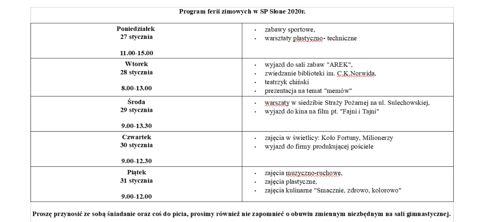 Program ferii zimowych 2020