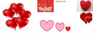 Kartka prezentuje czerwone i różowe skupiska serc z napisem 14 lutego.