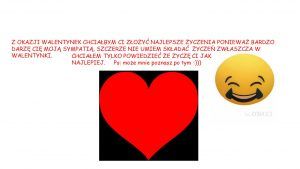 Kartka z wielkim czerwonym sercem i uśmiechniętym emotikonem oraz życzeniami i wyrazami sympatii.