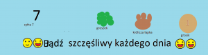 uśmiechnięte emotikony, szczęśliwa siódemka, królicza łapa i grosik - znaki życzące szczęścia każdego dnia