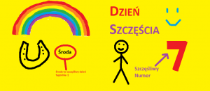 Na żółtej kartce widnieją symbole szczęścia : kolorowa tęcza, podkowa, szczęśliwy numer 7 oraz dzień : środa