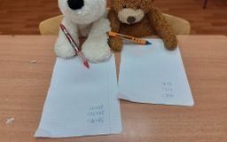 dwa misie z długopisami jako uczniowie w klasie