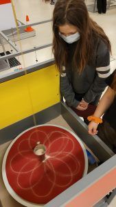 uczniowie przy stanowiskach z wahadłami