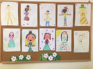 na zdjęciu widać prace uczniów przedstawiające panią wiosnę
