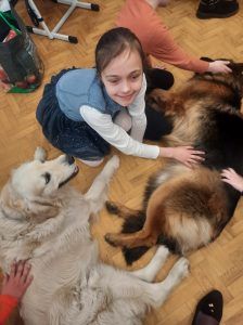 dziewczynka bawi się z psami