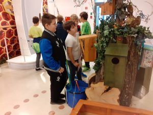 uczniowie oglądają budki dla ptaków