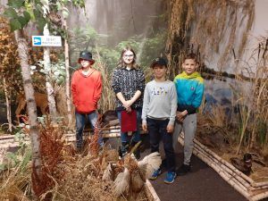 czworo uczniów w oranżerii ze sztucznymi zwierzętami