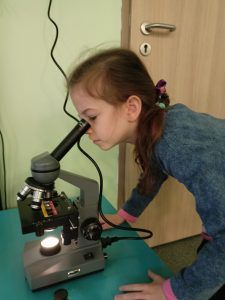 Dziewczynka sprawdza czym jest lupa, a czym mikroskop. Jaka jest różnica w działaniu. 