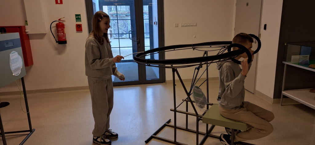 Dwoje dzieci w sali i korzysta z metalowej instalacji z dużym okręgiem; chłopiec siedzi na ławce, a dziewczynka stoi obok i obserwuje.